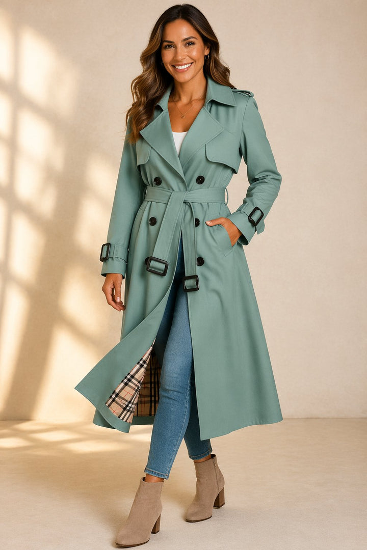 Damen Klassischer Zweireihiger Trenchcoat mit Gürtel. Eleganter Übergangsmantel für Business & Casual Outfits.