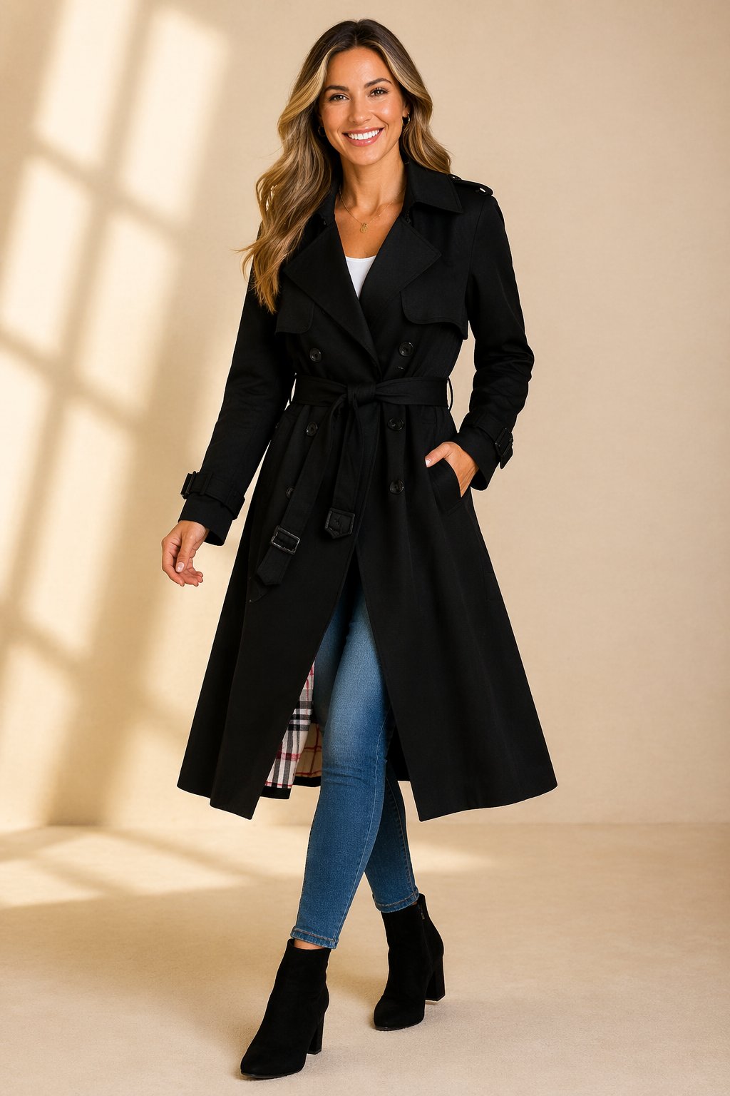 Vielseitiger Damen Mantel: Klassischer zweireihiger Trenchcoat mit Gürtel. Ideal als Übergangsmantel für jede Mode.