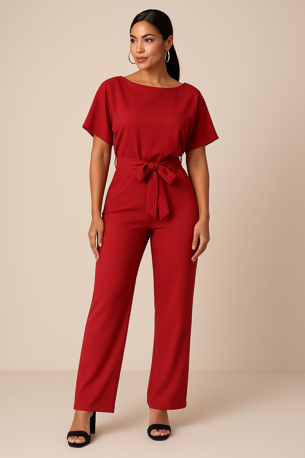 Eleganter Damen Overall Elisa mit Kurzarm, schmeichelndem Bindegürtel und trendigem weitem Bein.