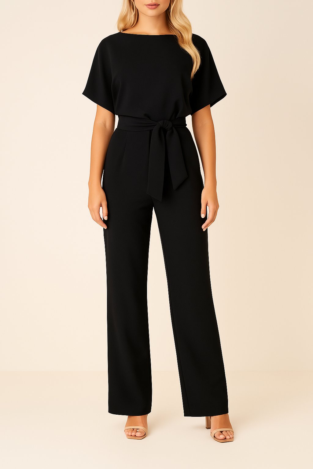 Damen Kurzarm Jumpsuit Elisa mit elegantem Bindegürtel und weitem Bein. Ideal für Frühling und Sommer.