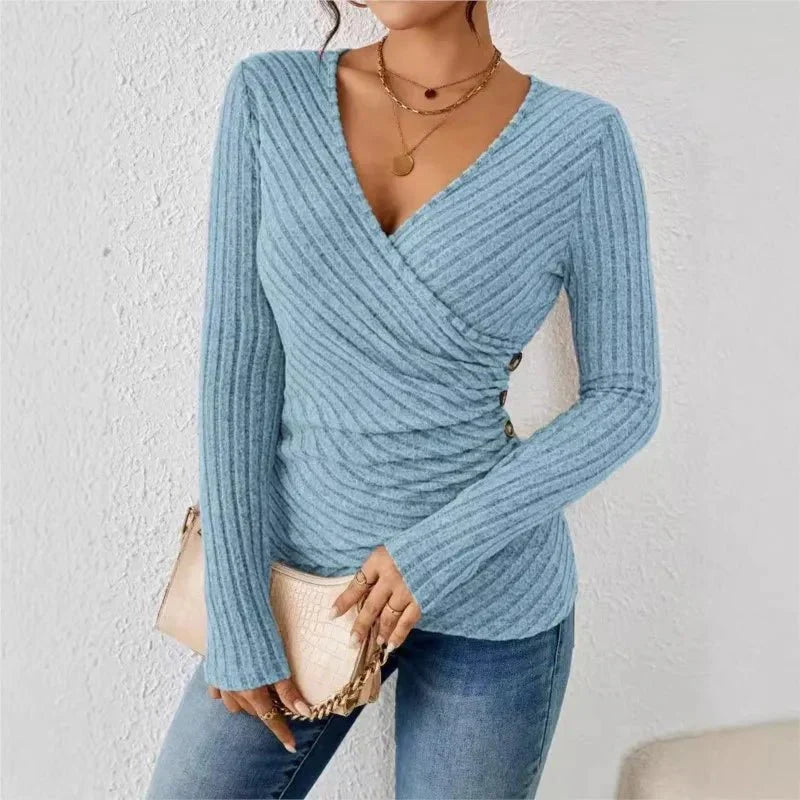 Figurformendes Damen Langarm Wickel-Top, elegant mit V-Ausschnitt. Stilvolles Oberteil für Business, Freizeit und den Herbst.