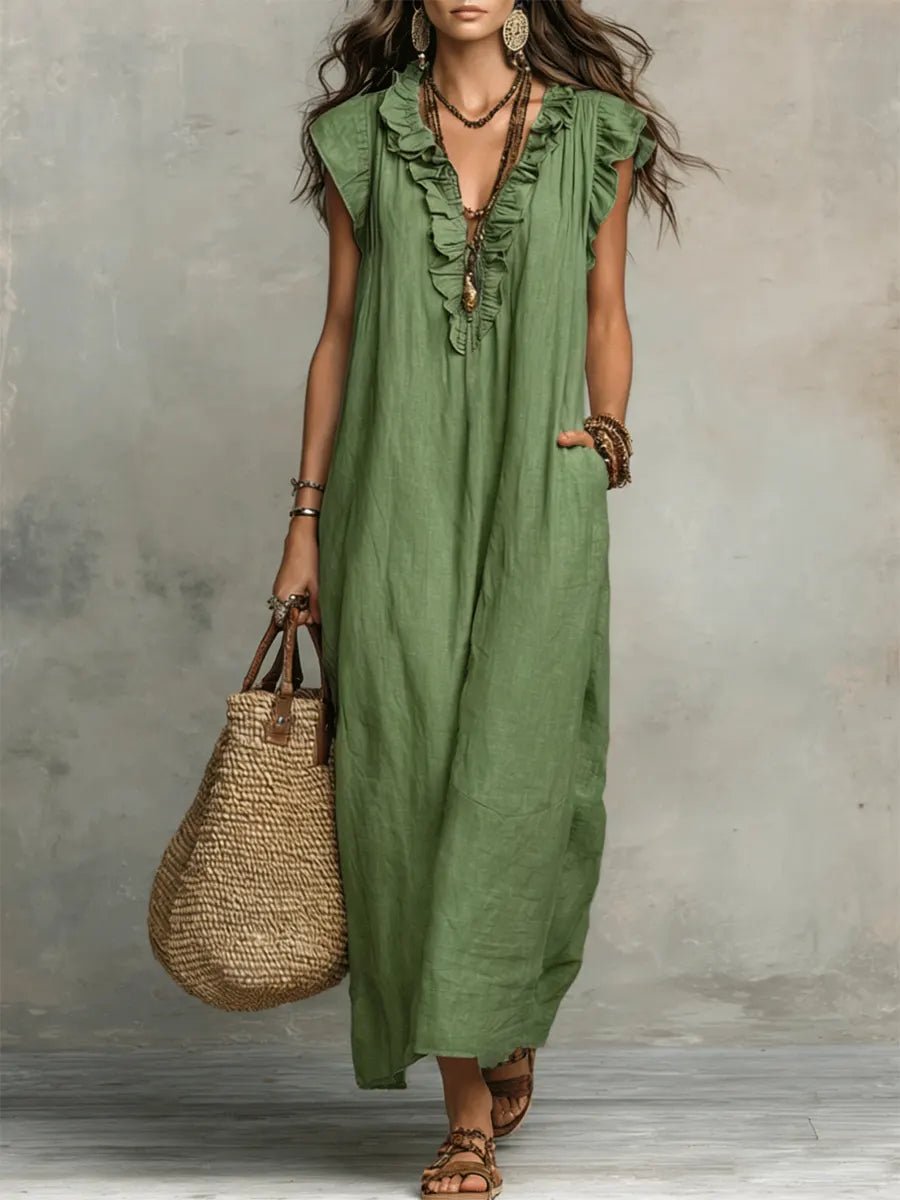 Festliches Damen Maxikleid mit V-Ausschnitt & zarten Rüschen. Perfekt für Hochzeiten & Partys.