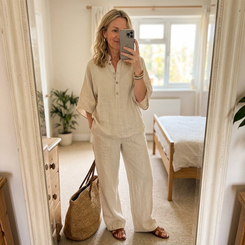 Stilvolles Damen Zweiteiler-Outfit: Bluse mit Kimono Ärmeln & elegante weite Hose. Zeitlos schön.