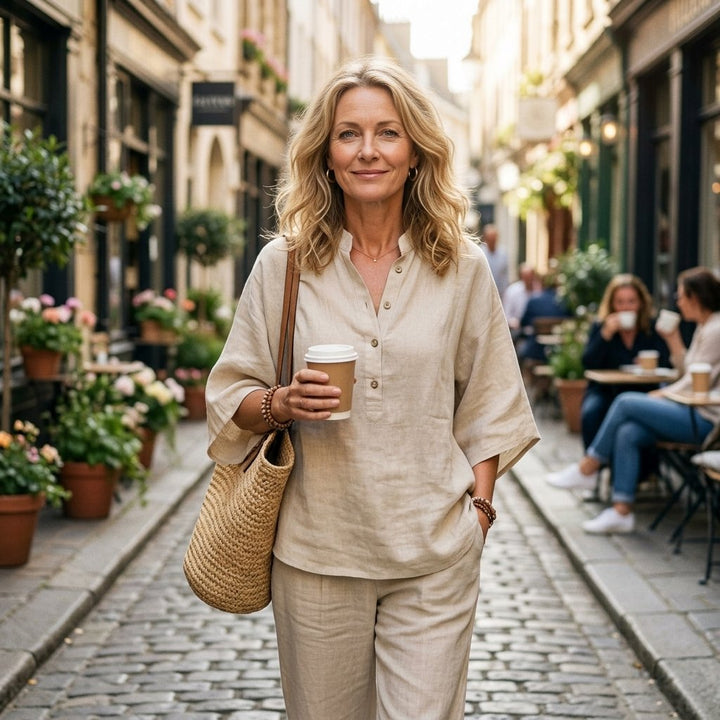 Damen Freizeit Set: elegante Bluse mit Mandarin Kragen & weite Hose. Optimal für entspannte Stunden.