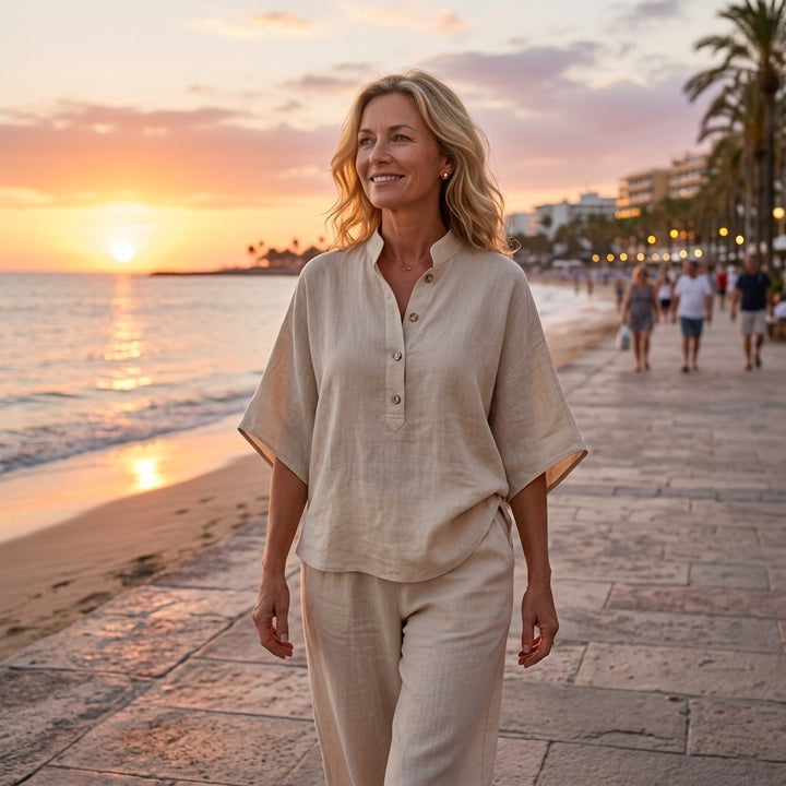 Luftiger Zweiteiler für Damen: Bluse mit Kimono Ärmeln & weite Hosen. Stilvoll & bequem im Urlaub.