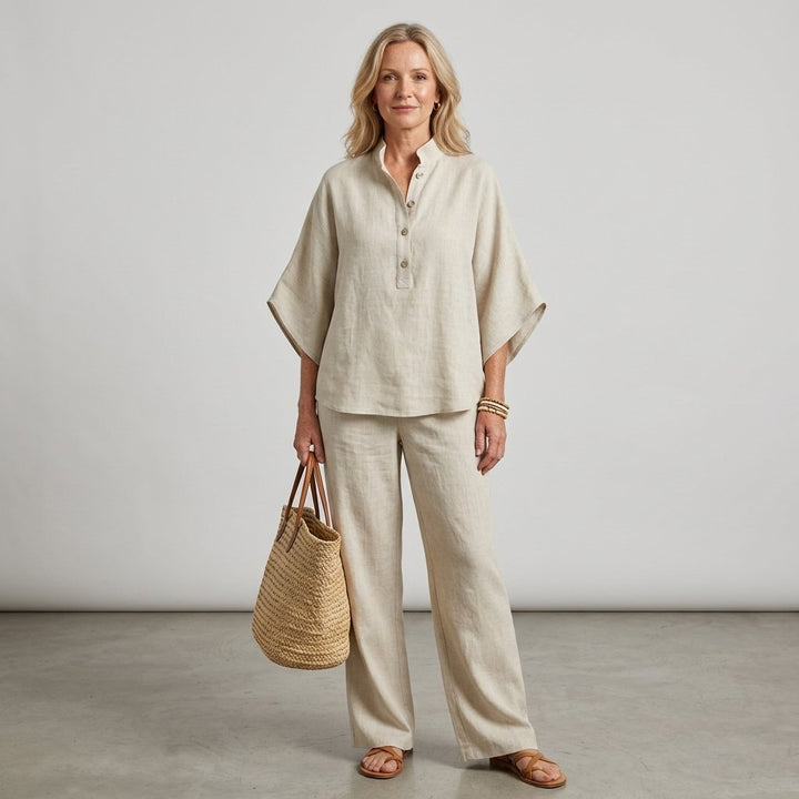 Elegantes Damen Sommer Bluse-Hosen-Set: Zweiteiler mit Stehkragen & weiten Hosen. Perfekter Look.