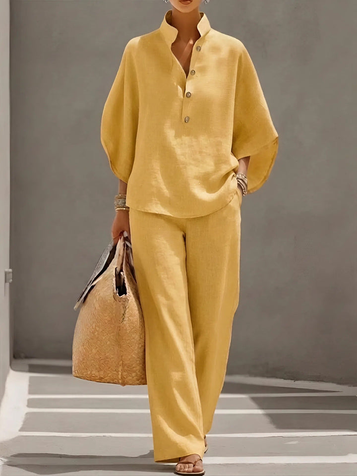 Stylischer Damen Freizeit Zweiteiler: Bluse mit Kimono Ärmeln & elegante weite Hose. Casual Look.