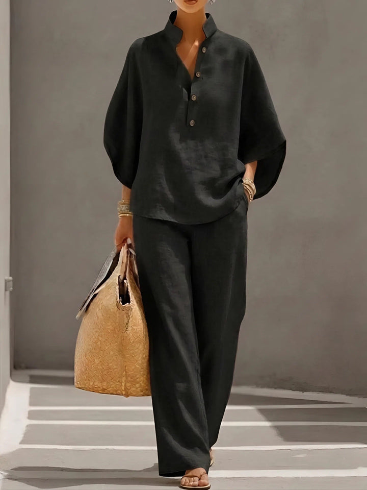Damen Elegantes Bluse-Hosen-Set: leichte Sommer Bluse mit Kimono Ärmeln & bequeme weite Hose.