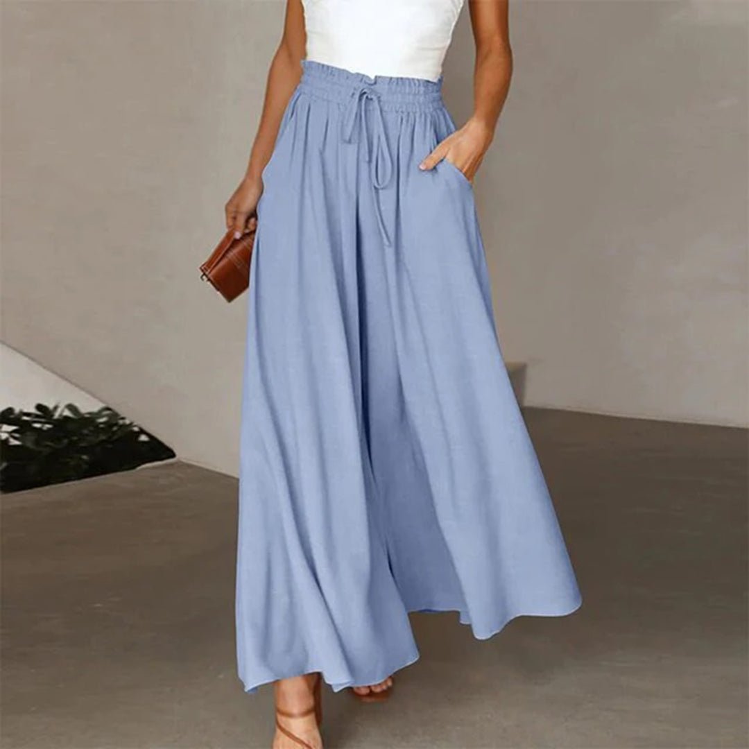 Vielseitige Damenhose: hoher Bund, weites Bein. Ideal als Sommerhose oder bequeme Freizeithose.