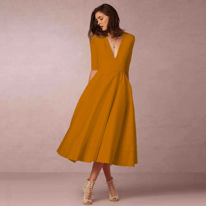 Fließendes Damen Midikleid mit V-Ausschnitt, bequem & modisch. Vielseitig für festliche Anlässe oder den Sommer.