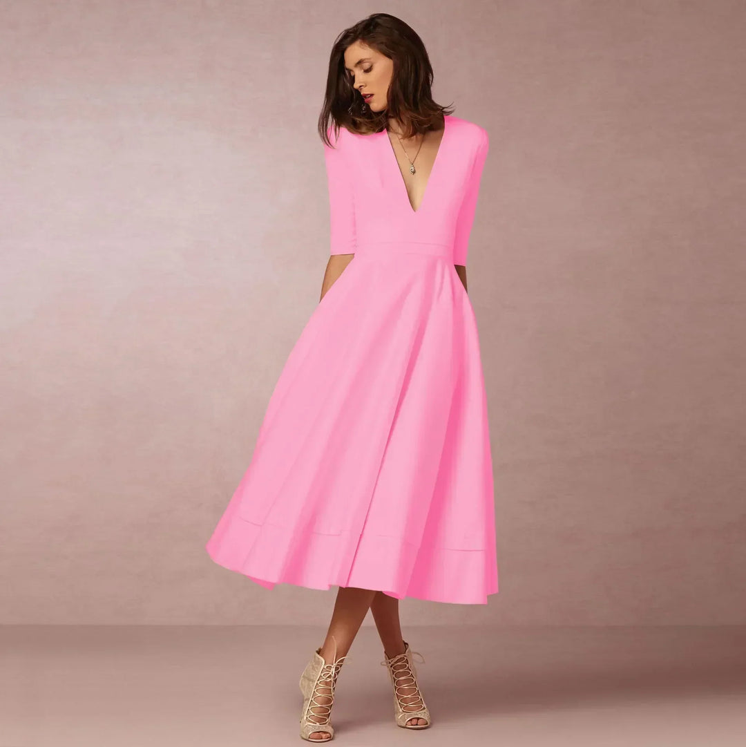 Farbenfrohes, fließendes Damen Midikleid. Luftig & bequem, modisch als Sommer- & Freizeitkleid, echtes A-Linien Design.
