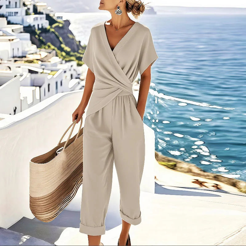 Elegantes Damen Sommer Wickel-Set in Aprikose, luftiger Zweiteiler, ideal für Strand und Urlaub.