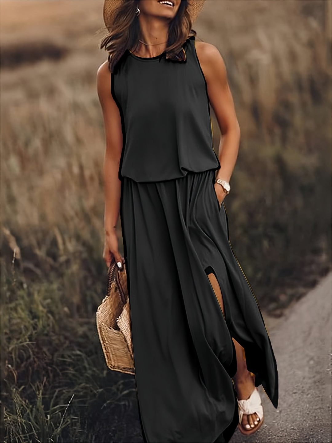 Elegantes langes Damenkleid im Boho-Stil, fließende Herbstmode, ideal für besondere Anlässe & Komfort.