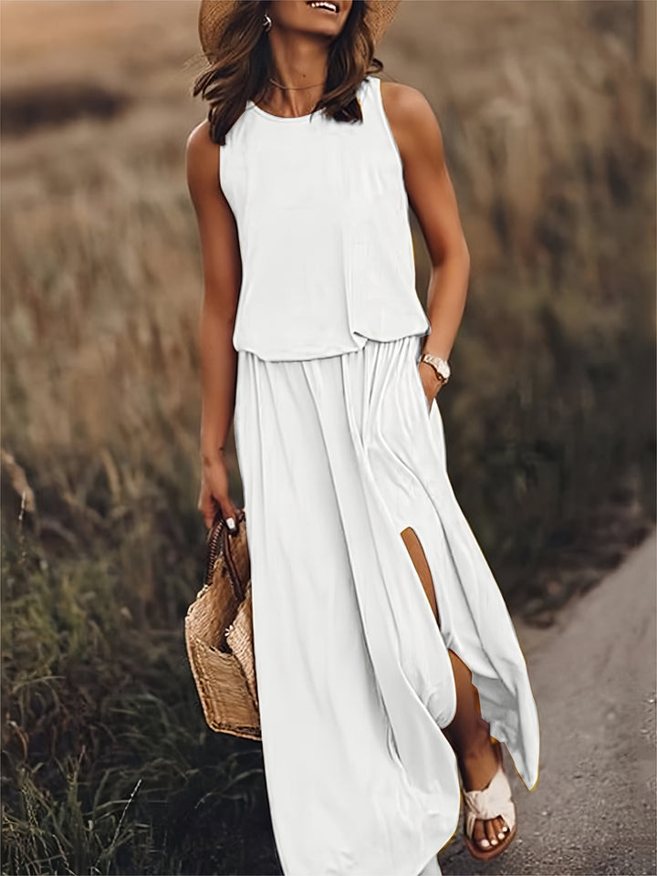 Detailansicht: Fließendes Damen Maxikleid Boho-Stil, weicher Stoff, lange Ärmel, ideal für Herbstmode.