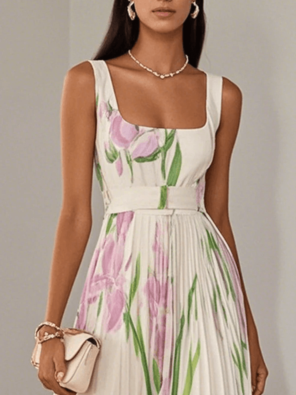 Schulterfreies Damen A-Linien Maxikleid mit Blumenmuster & Plissee. Ideal für Hochzeitsgäste, elegant & fließend.