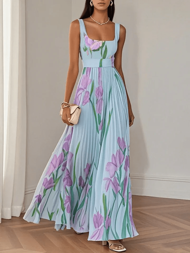 Festliches Damen Maxikleid für Hochzeitsgäste. Schulterfreies Plisseekleid mit stilvollem Tulpen-Blumenmuster.