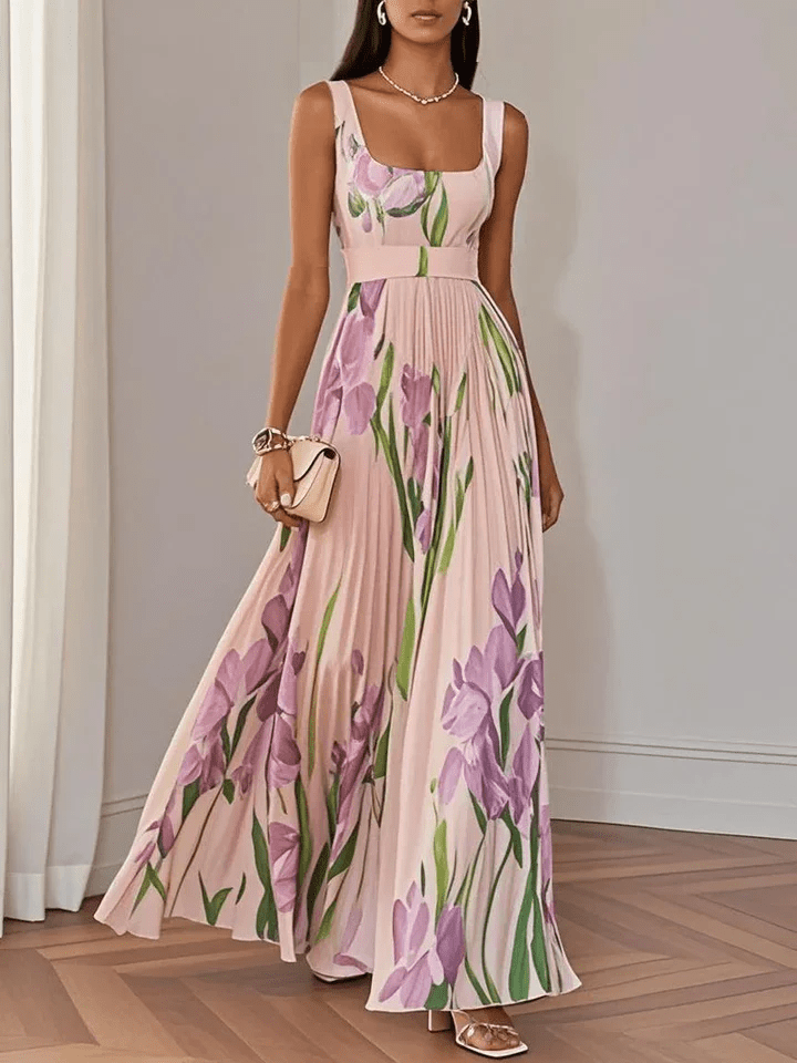 Elegantes Damen Maxikleid, schulterfrei, mit Plissee und floralem Tulpendruck. Das ideale festliche Sommerkleid.