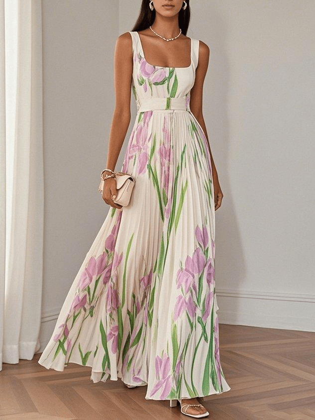 Elegantes Damen Maxikleid mit Plissee, Tulpendruck und schulterfreiem Design, ideal für Hochzeitsgäste und Sommerfeste.