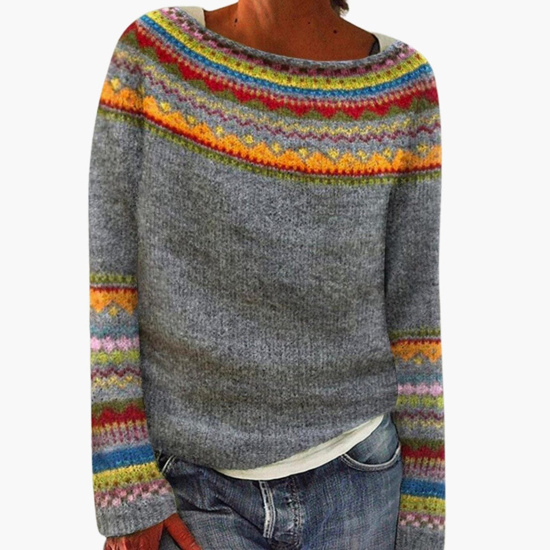 Gemütlicher Damen Strickpullover im Norweger-Stil mit traditionellem Fair-Isle-Muster für Herbst & Winter.