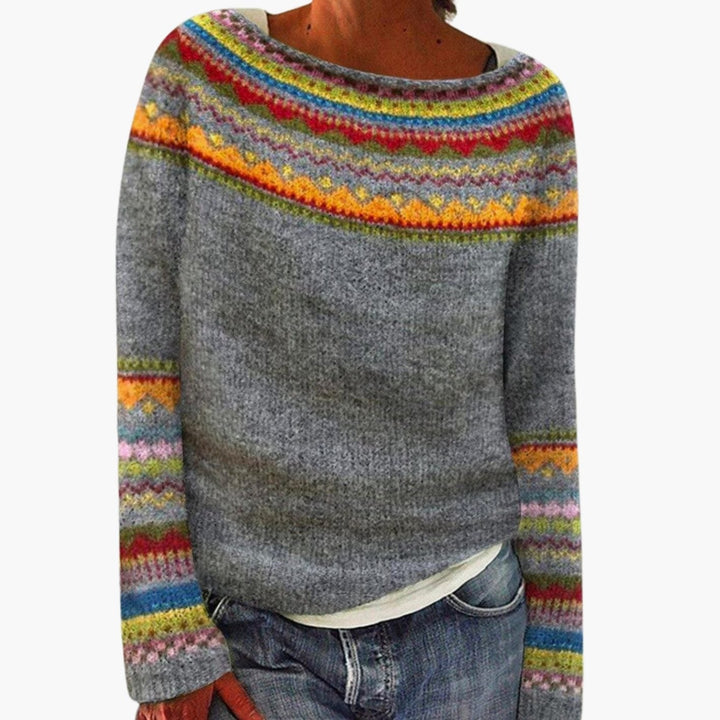 Gemütlicher Damen Strickpullover im Norweger-Stil mit traditionellem Fair-Isle-Muster für Herbst & Winter.