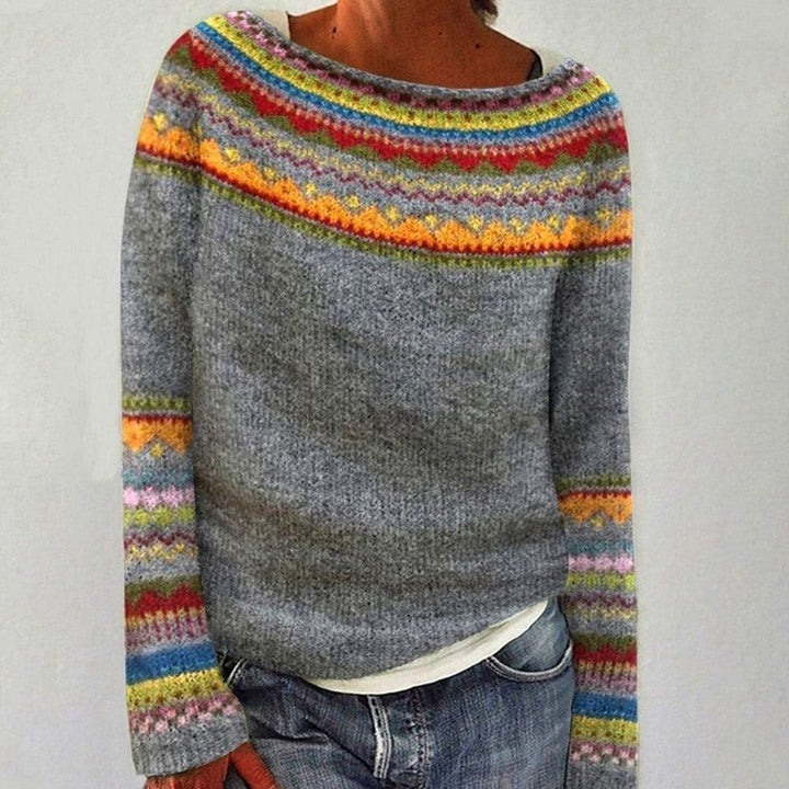 Damen Norweger Pullover mit Fair-Isle-Muster in warmen Tönen, perfekt für gemütliche Herbst- & Wintertage.
