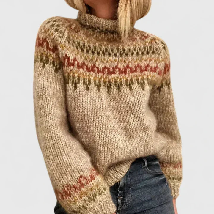 Gemütlicher, warmer Damen Strickpullover im Norweger-Stil. Langarm-Pullover, ideal für kühle Herbst- & Wintertage.