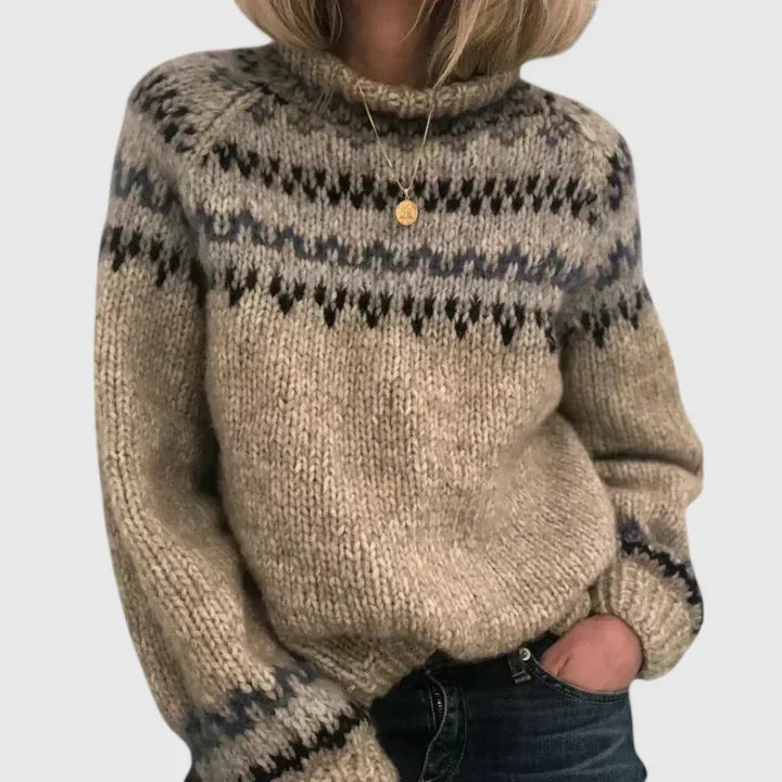 Eleganter Damen Norweger Pullover für Herbst & Winter. Warmer Strickpullover mit skandinavischem Muster für Freizeit & Alltag.