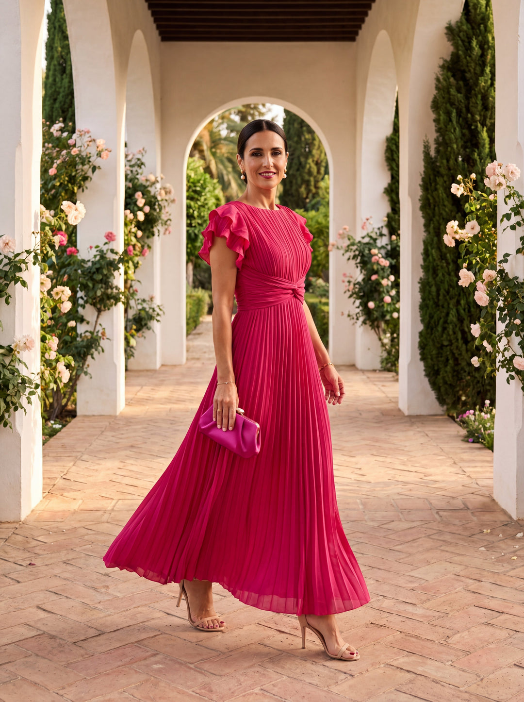Damen Plissee Maxikleid, elegant und lang. Ideales Sommer- oder Frühlingskleid für festliche Anlässe.