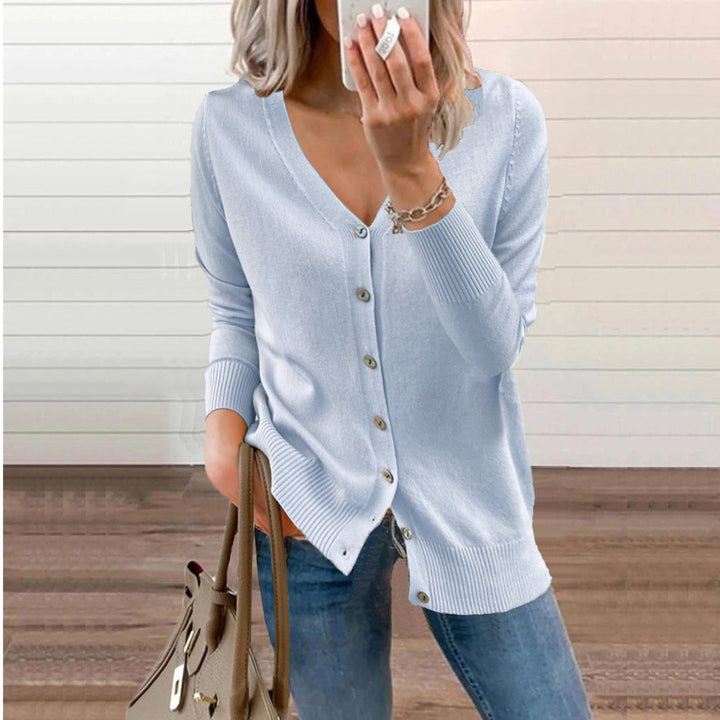 Bürotauglicher Damen V-Ausschnitt Cardigan, Langarmstrick, für ein elegantes Outfit.