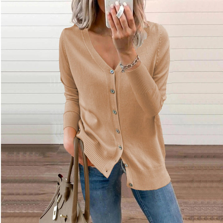 Damen Langarm Strickjacke mit V-Ausschnitt, fließender Schnitt für eine elegante Silhouette.