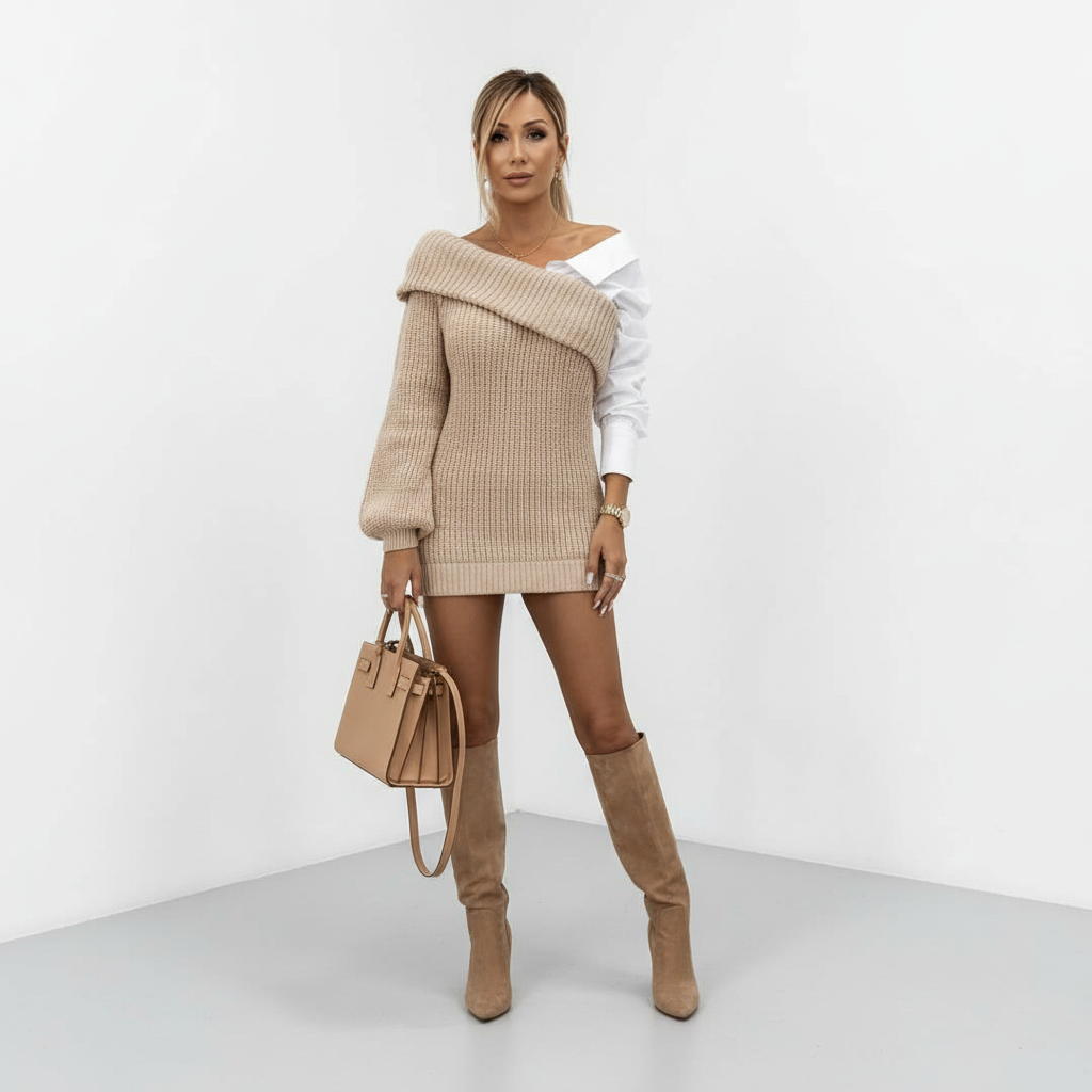 Damen Strickkleid mit eleganten Hemddetails, tiefem V-Ausschnitt und langen Ärmeln, sehr bequem für den Herbst.