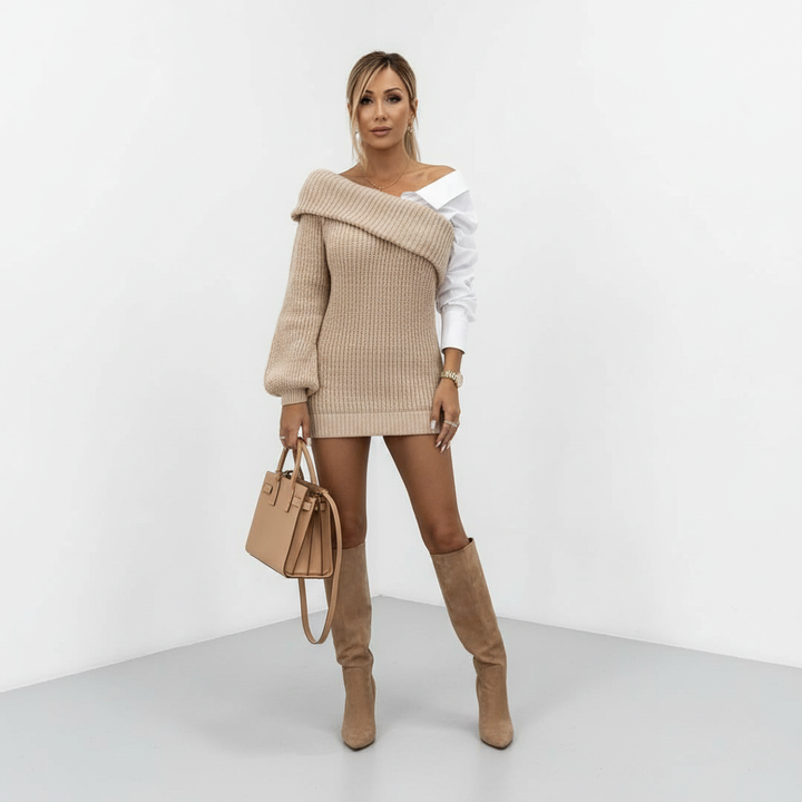 Damen Strickkleid mit eleganten Hemddetails, tiefem V-Ausschnitt und langen Ärmeln, sehr bequem für den Herbst.