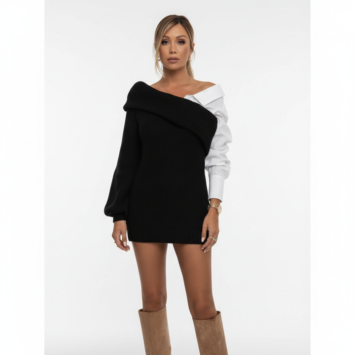 Einzigartiges Damen Herbstkleid: Strickkleid kombiniert mit Hemddetails, V-Ausschnitt & Langarm für Stil & Wärme.