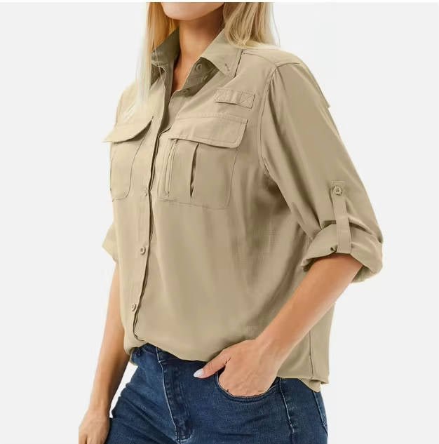 Damen Outdoor-Wanderbluse für Frühling/Sommer. Atmungsaktiv, schnelltrocknend und mit UV-Schutz.