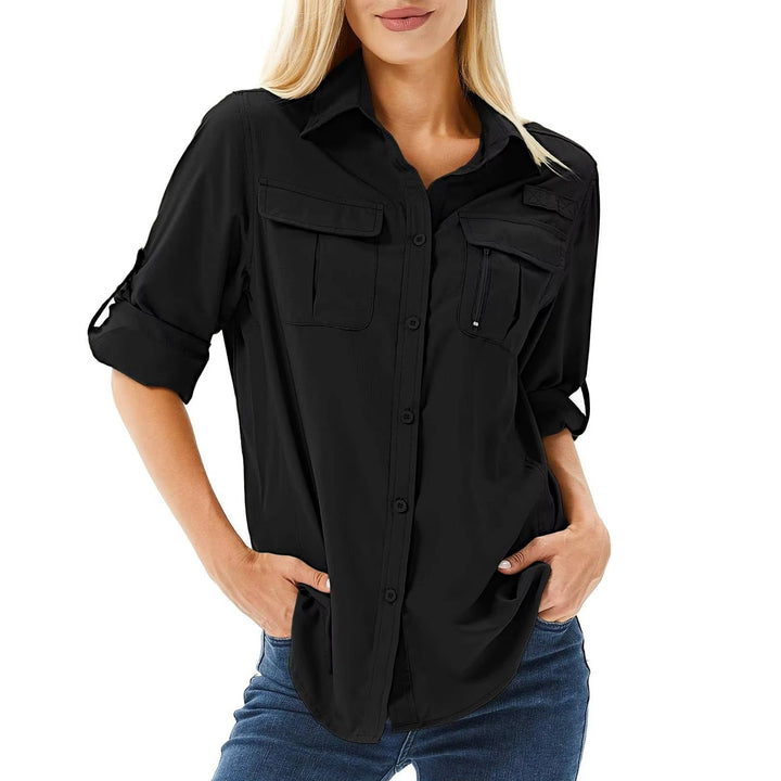 Elegante Damen Wanderbluse mit UV-Schutz & Atmungsaktivität, perfekt für warmes Wetter beim Wandern.