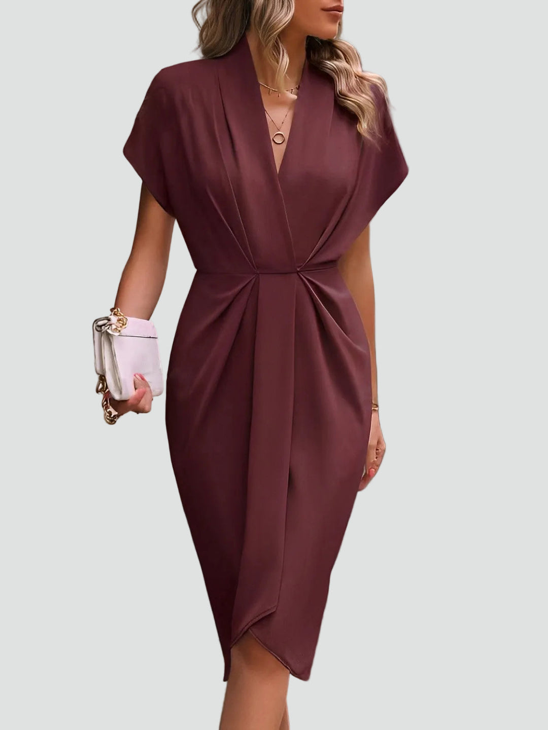 Damen Wickel-Midikleid, elegant und modern, ideal für Cocktailpartys und festliche Sommerabende.