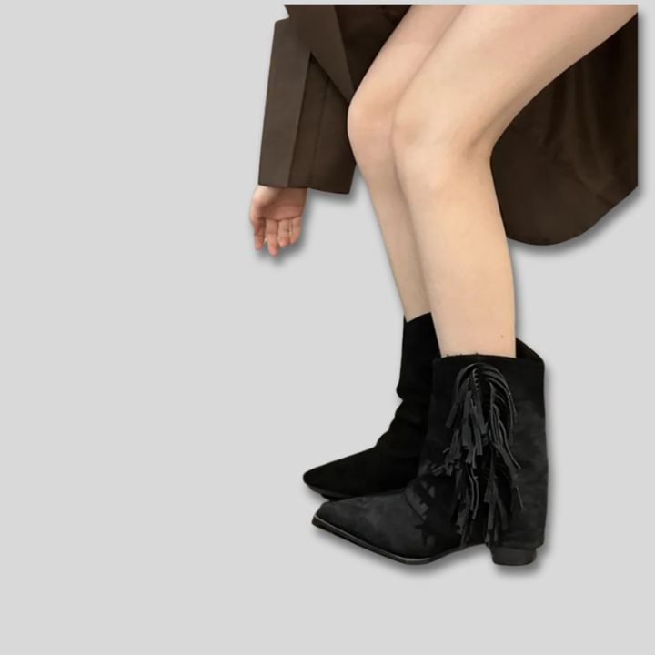 Moderne Damen Western Stiefeletten in Braun mit Fransen und robustem Blockabsatz für einen stilvollen Auftritt.