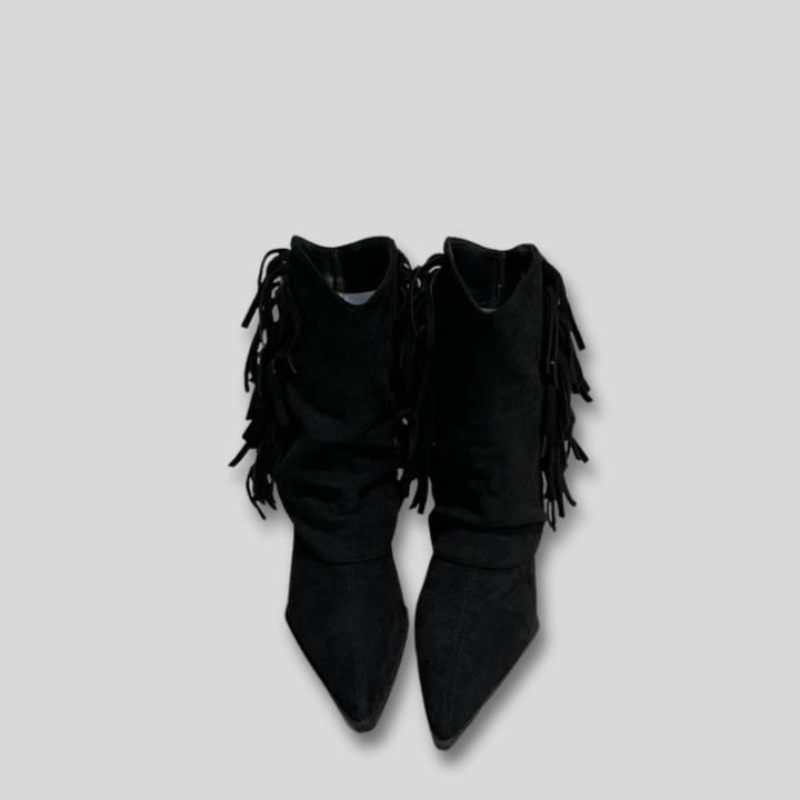 Schwarze & braune Damen Western Stiefeletten mit spitzer Zehe, Fransen-Details und bequemem Blockabsatz.