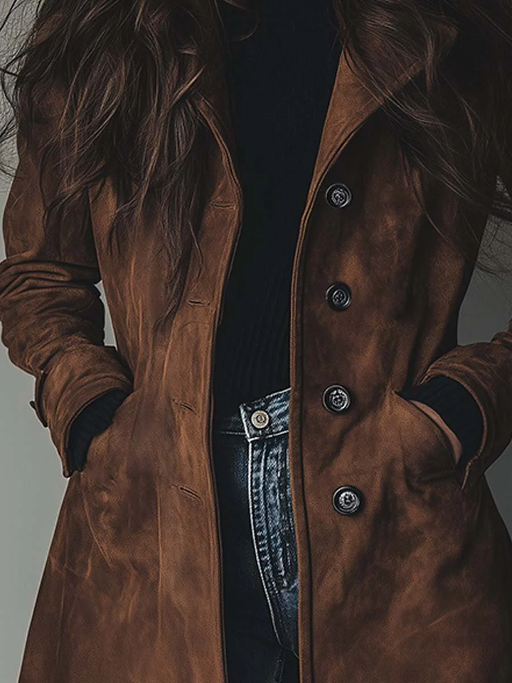 Stilvoller Damen Langmantel im Trenchcoat-Stil. Perfekt für Business und elegante Auftritte im Winter.