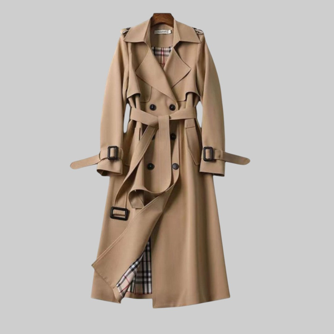Eleganter Damen Zweireihiger Trenchcoat Longline in Beige mit Gürtel. Klassischer Übergangsmantel für Business.