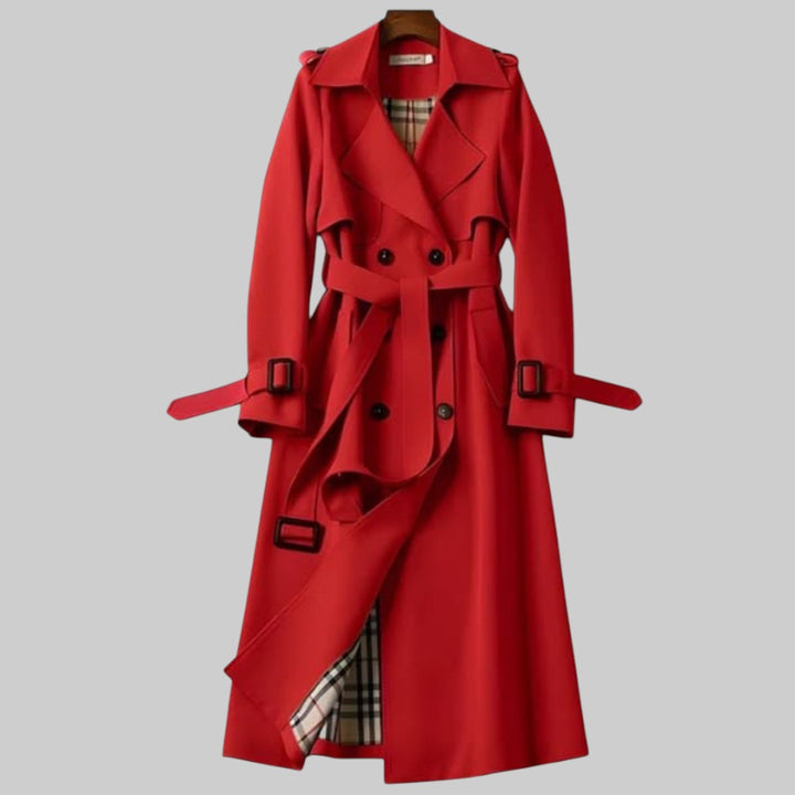 Roter Damen Zweireihiger Trenchcoat Longline mit Gürtel. Klassischer, eleganter Übergangsmantel für Business.