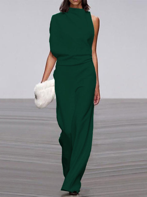 Rückenansicht des eleganten Damen Overalls Mira, ärmellos, mit weitem Bein. Bequem und trendig.