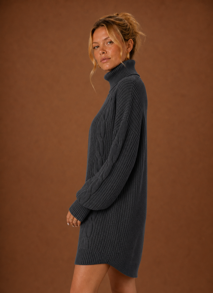 Perfektes Herbst-Winter-Strickkleid für Damen mit wärmendem Rollkragen, casual chic.