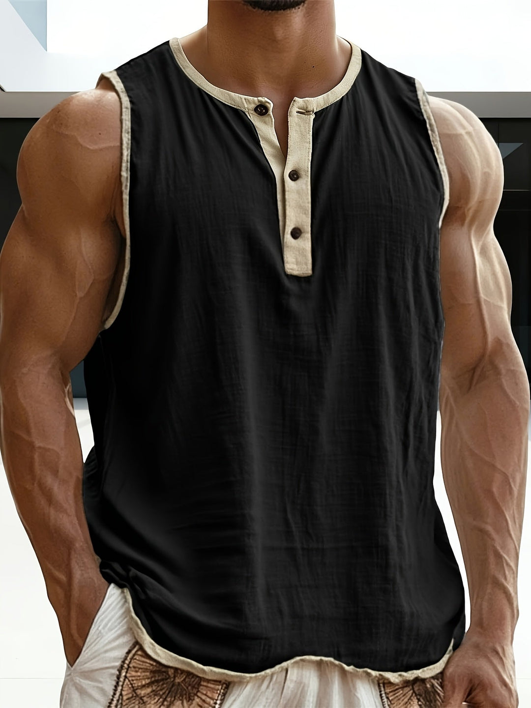 Stylisches Herren Tank Top mit Henley-Ausschnitt, vielseitig für Strand & Casual-Look.