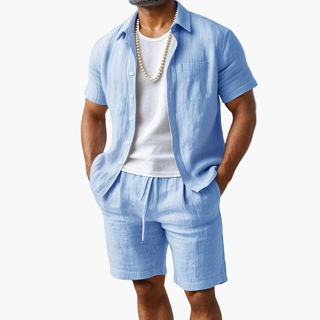 Herren Zweiteiler Leinen-Look. Lässiges Kurzarmhemd & Shorts für Strand, Pool oder sommerliche Freizeit.