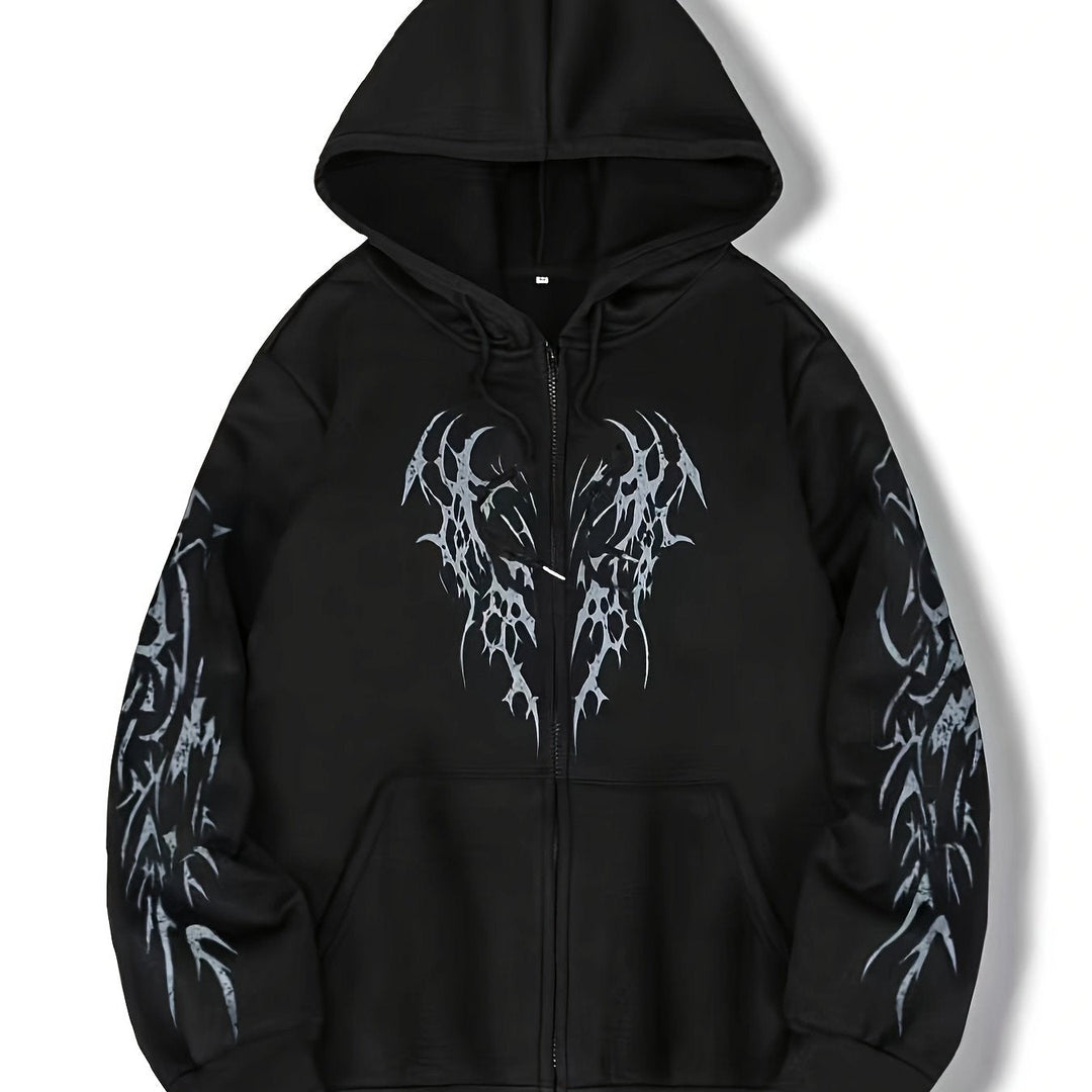 Authentischer Streetwear Herren Hoodie mit Reißverschluss, einzigartigem Tribal-Flügel-Design.