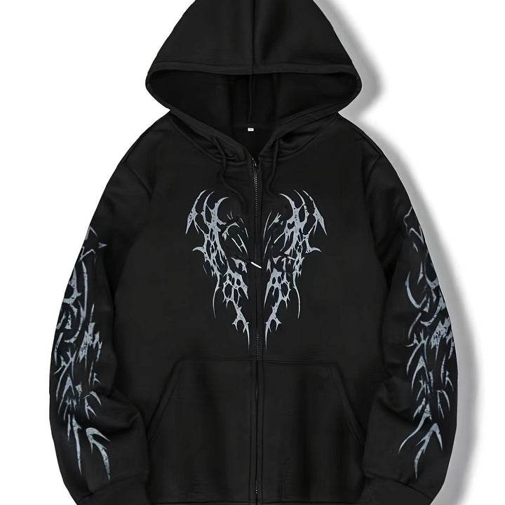 Authentischer Streetwear Herren Hoodie mit Reißverschluss, einzigartigem Tribal-Flügel-Design.