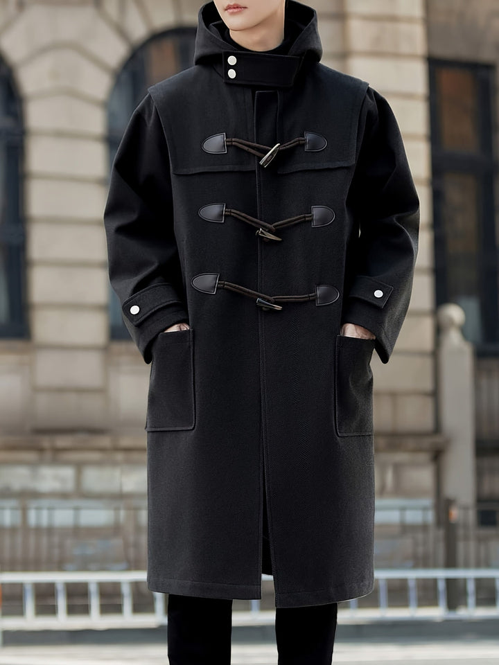 Eleganter Herren Dufflecoat mit Kapuze, perfekt für den Winter, urbane Freizeit & stilvolle Auftritte.