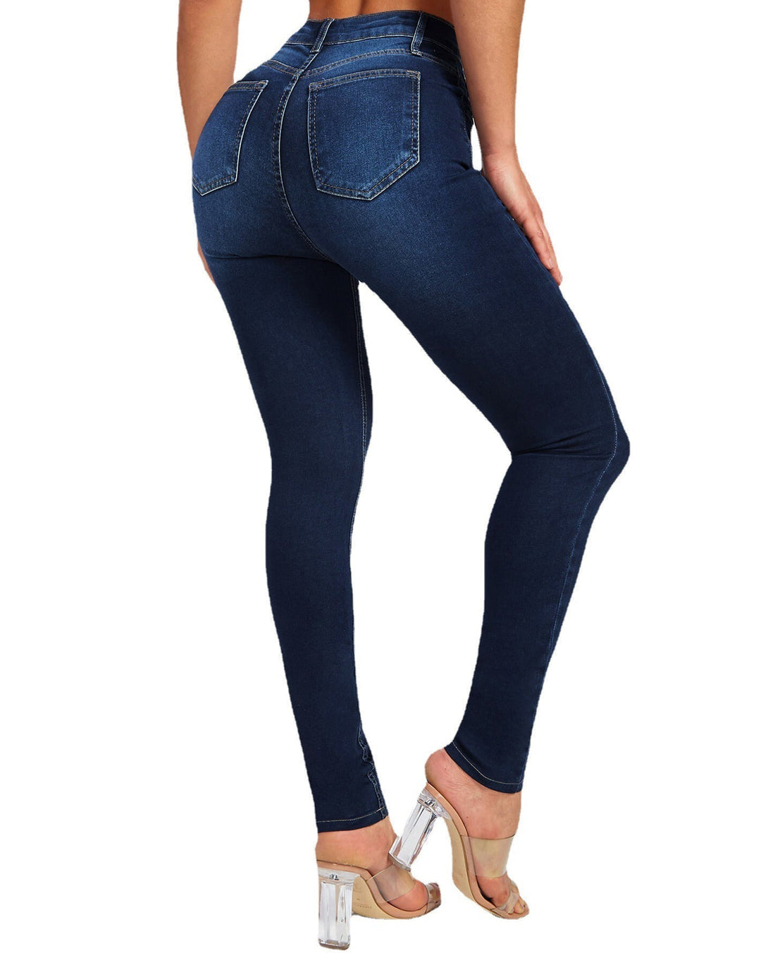 Nahaufnahme der blauen Damen Skinny Jeans High Waist Stretch, zeigt elastisches Material und enge Passform.