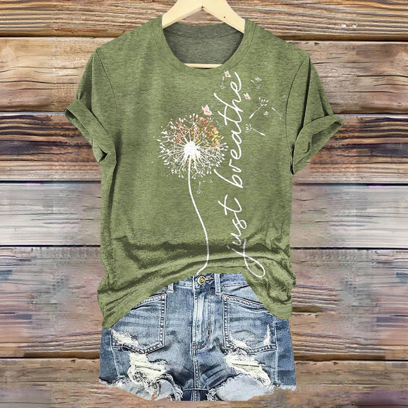 Grünes Damen T-Shirt mit Löwenzahn-Print, lässig. Ideal für Freizeit und Alltag. Größen S-4XL.